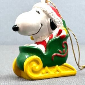 VTG Snoopy Woodstock Christmas Ornament Sleigh Santa Hat Peanuts Holiday Retro
